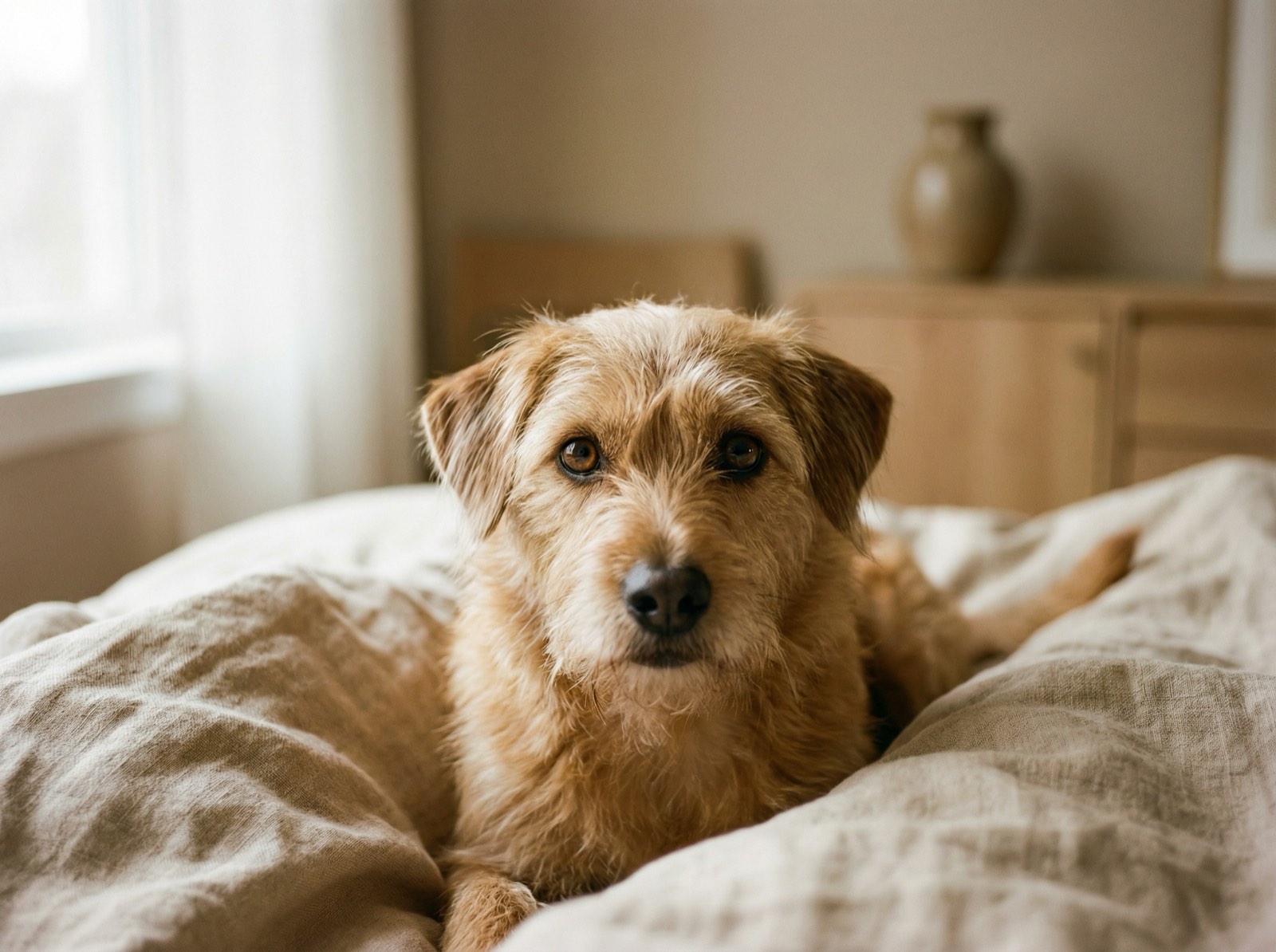 A gentle dog with soulful eyes looking toward the camera