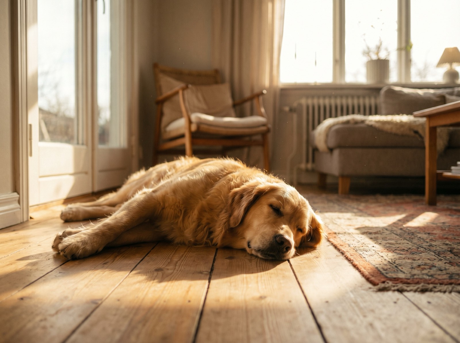 A happy relaxed dog lying in a sunbeam