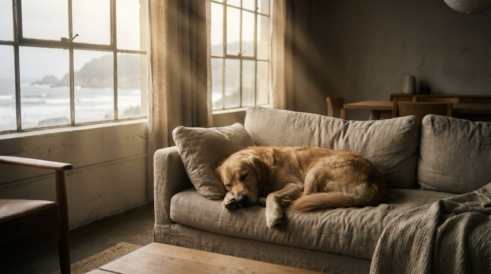 A golden retriever sleeping peacefully on a linen sofa, soft sunlight streaming through the window with the ocean visible outside