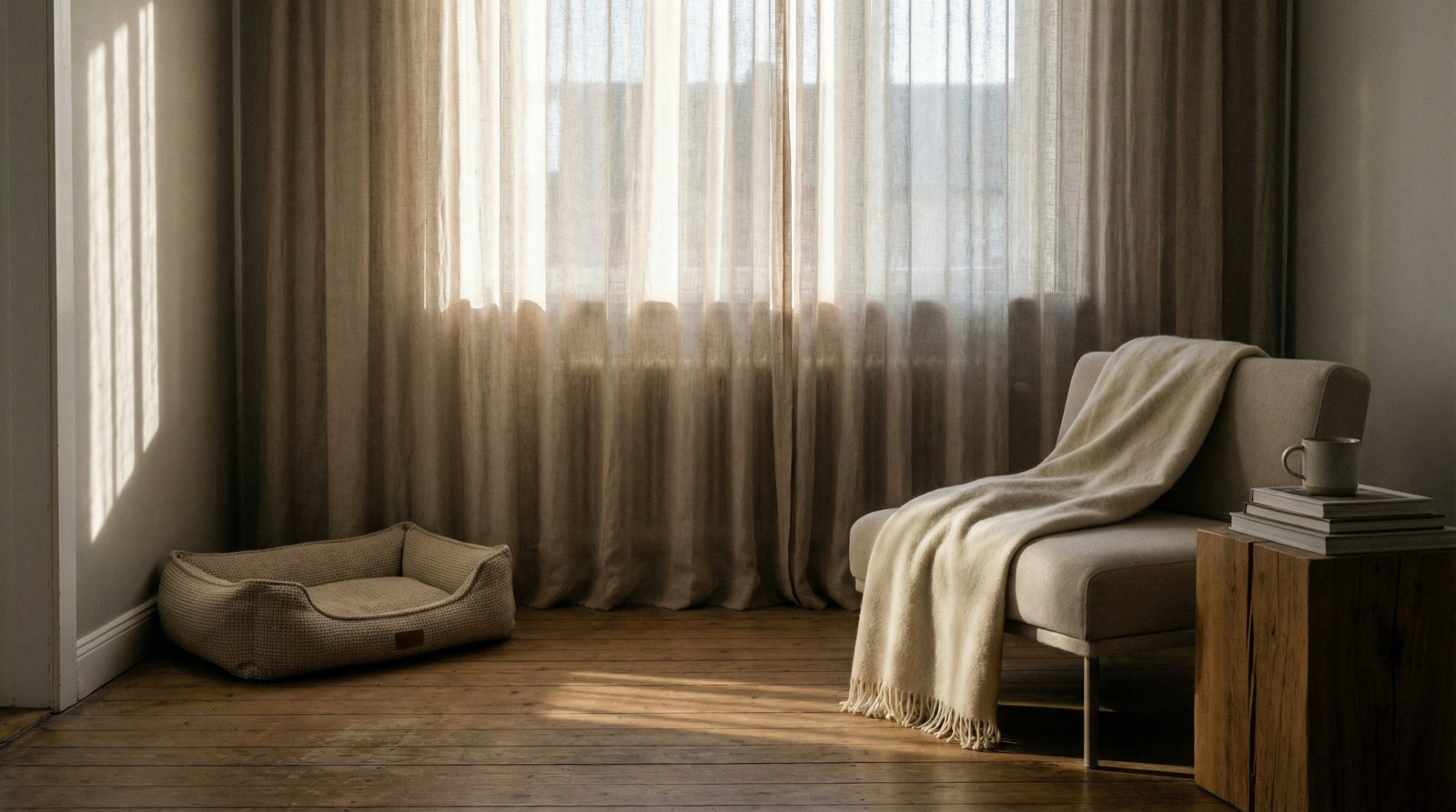 A minimal Scandinavian living room with a dog bed, morning light through linen curtains