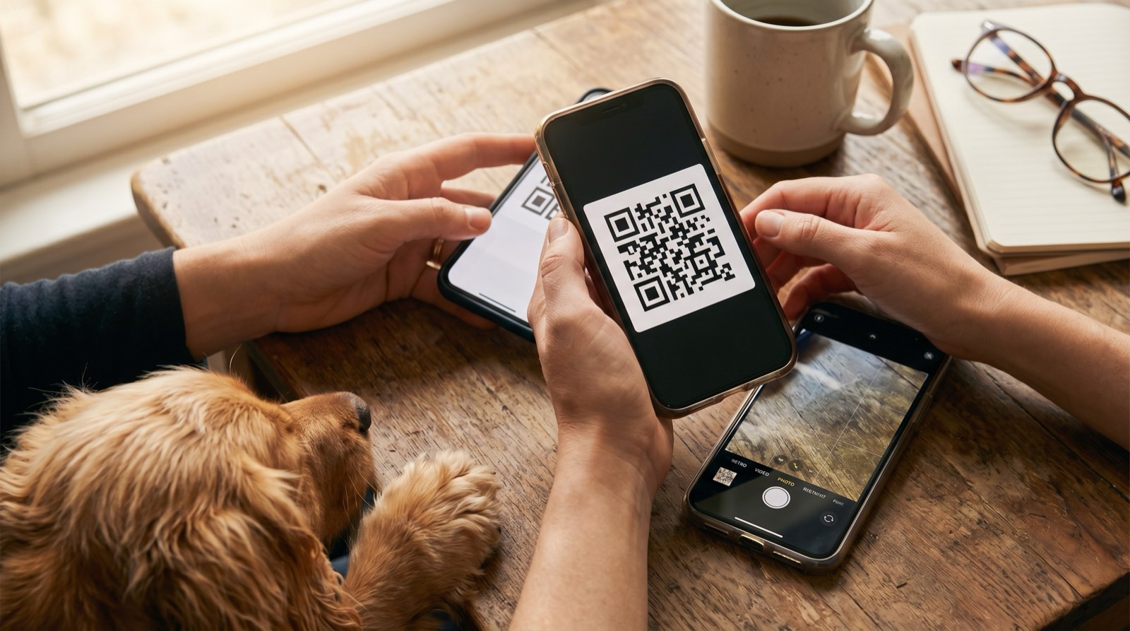 Hands holding two iPhones showing QR code pairing, with a puppy nearby