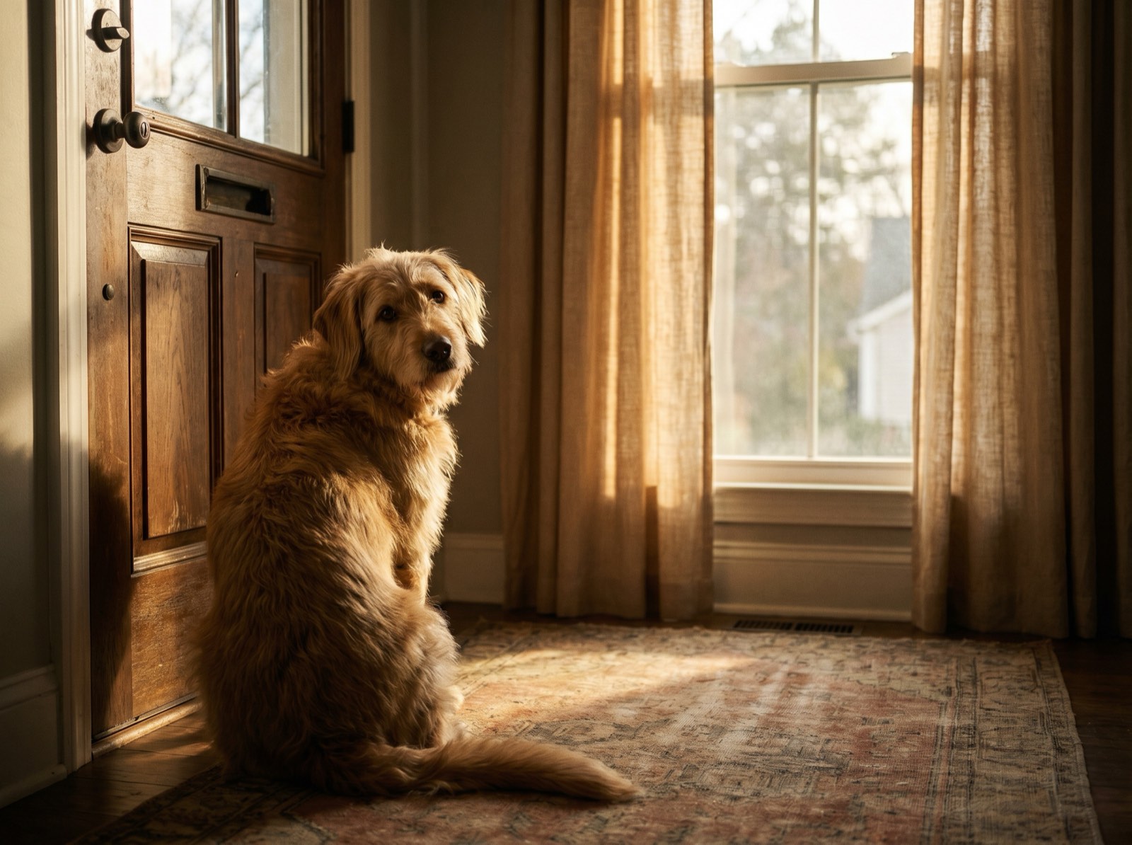 A dog sitting by the front door looking back with soulful eyes, waiting for its owner in golden hour light