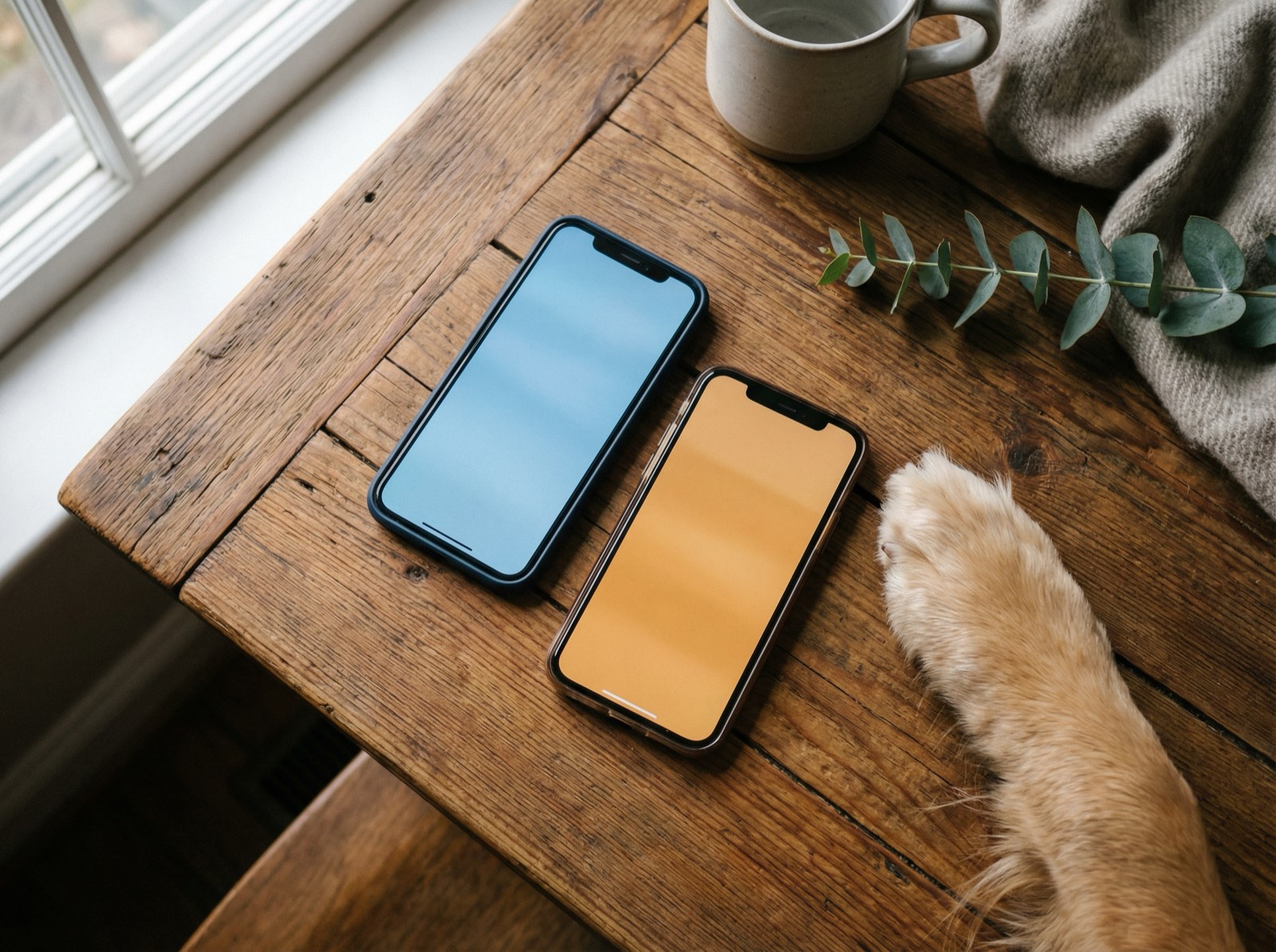 Two iPhones on a wooden table with a dog's paw nearby
